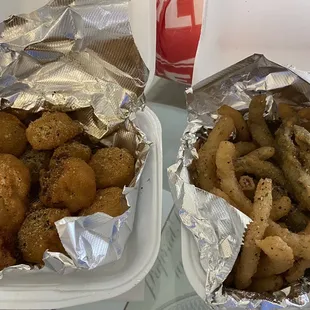 Fried jalapeño, cheese, and potato bites (left)  Fried onion and jalapeño straws (right)  SO GOOD!