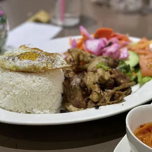 a plate of rice, meat, and vegetables
