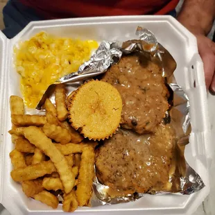Chicken fried steak, Mac and cheese, fried and sweet cornbread.
