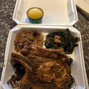 Pork chop beans and rice collard greens and cornbread.