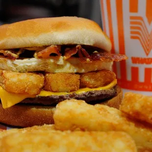 The specialty sandwich highlights just about everything that reflects the late-night munchies or a hearty breakfast. It features a beefpatty