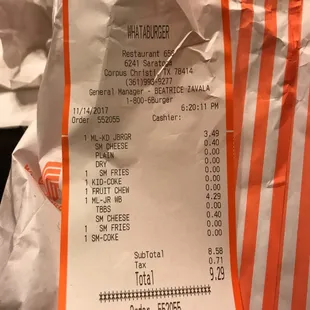 a receipt for a pizza