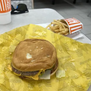 a hamburger and french fries