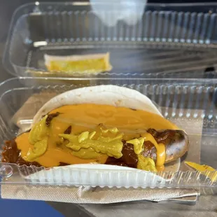 Jalapeño cheddar sausage with chili &amp; cheese (I did not ask for a tortilla - it just came that way)