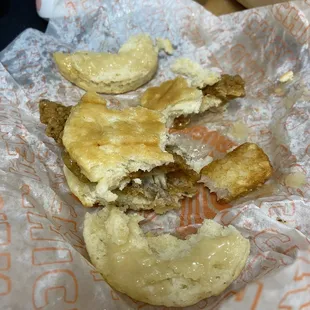 Chicken biscuit that fell apart I think because of being over loaded with honey.  So hard could not chew it.