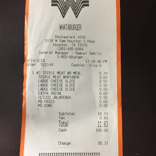 a receipt for a restaurant