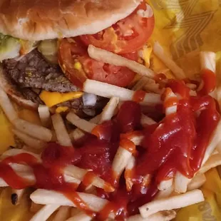 Double with fries and spicy ketchup