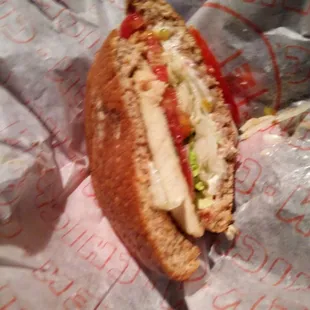 Chicken sandwich.  Good but would be better with leaf lettuce, cheese and pickles.