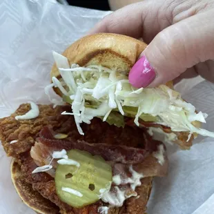 Inside of the Southern Bacon Spicy Chicken sandwich- has quite the kick!