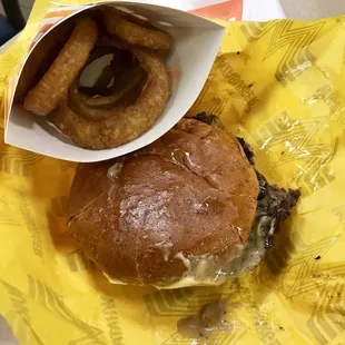 Mushroom Swiss burger w onion rings...
