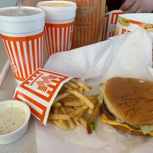 I got the cheeseburger with a chocolate shake. Hubby got a chicken sandwich with a banana pudding shake. That ranch is the good ranch FYI!