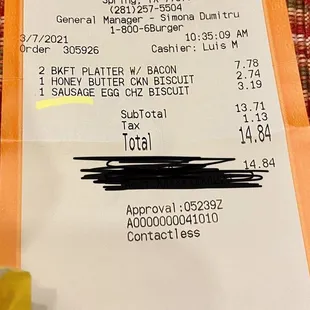 a receipt for a restaurant