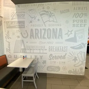 a restaurant with a wall mural
