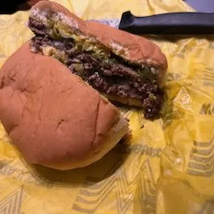 Hatch Chile Burger + diced onions and mustard