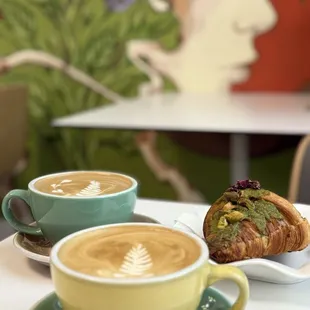 Latte, Cafe Mocha and Pistachio Croissant