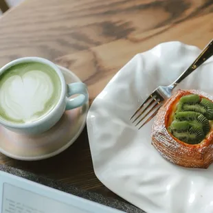 Matcha Latte and kiwi danish pastry