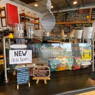 a counter with a variety of items on it