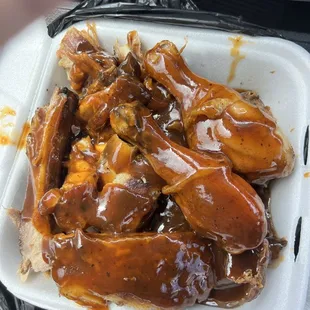 3 meat combo chicken (legs only) rib tips, ribs.