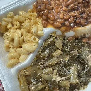 Bbq beans, greens, mac and cheese. 3 item combo is 3 meats, 3 sides $25. Cash only