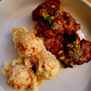Crispy fried pork chops slathered in sweet and sour sauce- Potato salad