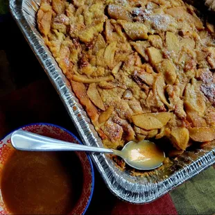 Apple bread pudding and caramel sauce