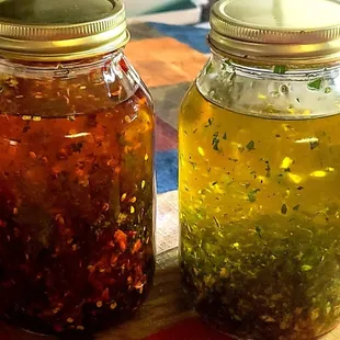 Homemade herb and chili oils