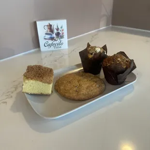 Try our delicious coffee cake, chocolate cookie, banana nut muffin, or our blueberry muffin.