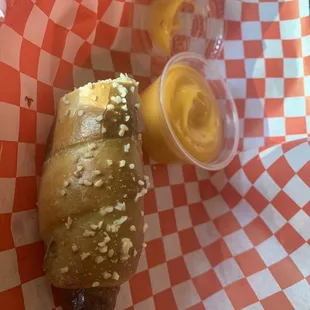 Pretzel dog - small and dough raw underneath