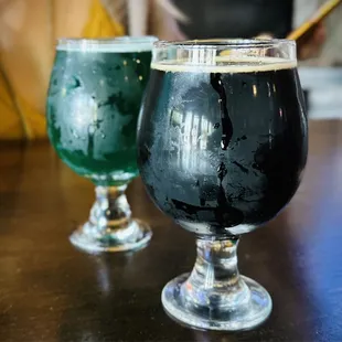 My barrel aged stout and her sour. Always a great menu here with options for both of us.