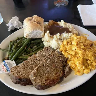 Tuesday special,Meatloaf, mac &amp; Cheese  Green beans, mashed potatoes and gravy, Last but not least dinner roll.