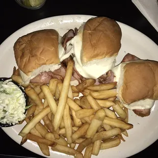Ham and Swiss sliders, French fries &amp; coleslaw