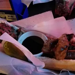 French Dip w/ a dill pickle.  Yummy