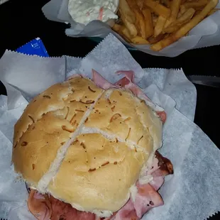 Stacked ham and seasoned fries!