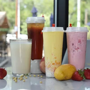 a variety of drinks on a table