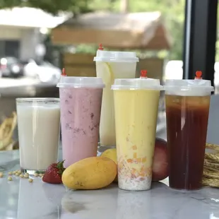 a variety of drinks on a table