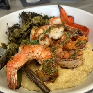 Grilled Shrimp, Broccolini and Peppers with Polenta
