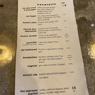 Cocktail menu