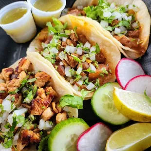Beef taco, chicken taco, salsa verde