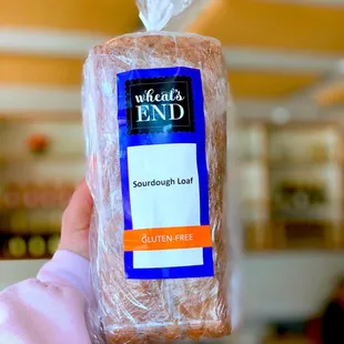a hand holding a loaf of bread