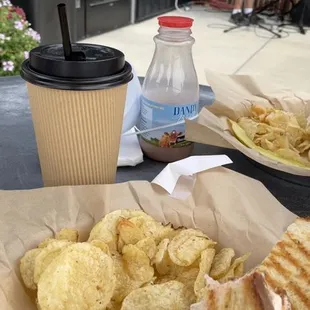 Chicken salad sandwich and Noble Jones latte