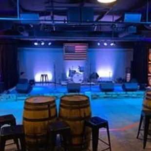 a stage set up with barrels