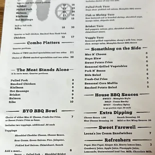 June 2024 menu of meats, bowls, sides, beverages, etc.