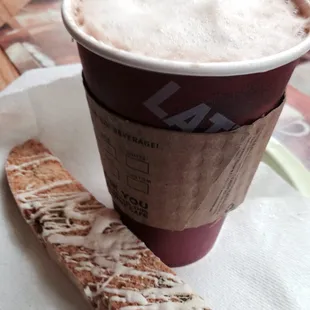 Extreme toffee latte with white chocolate cranberry biscotti