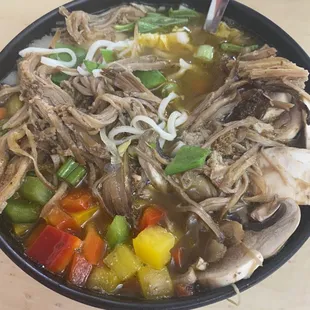 Chicken broth, pulled pork and veggies bowl