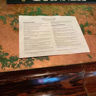a menu on a bar
