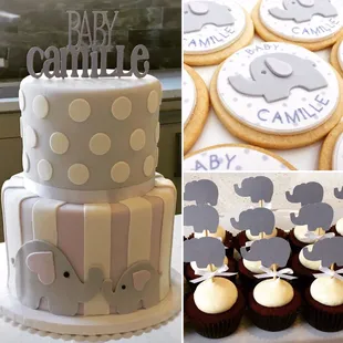 Baby shower cake, custom cookies, and handmade cupcake toppers.