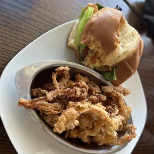 Burger and onion strings