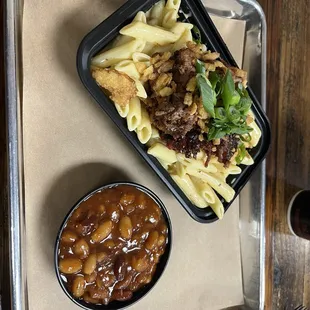 Burnt End Mac &amp; Cheese with a side of baked beans.