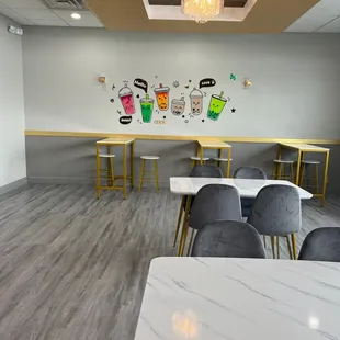 tables and chairs in a room