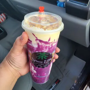 Ube creme brulee milk tea with poppin boba